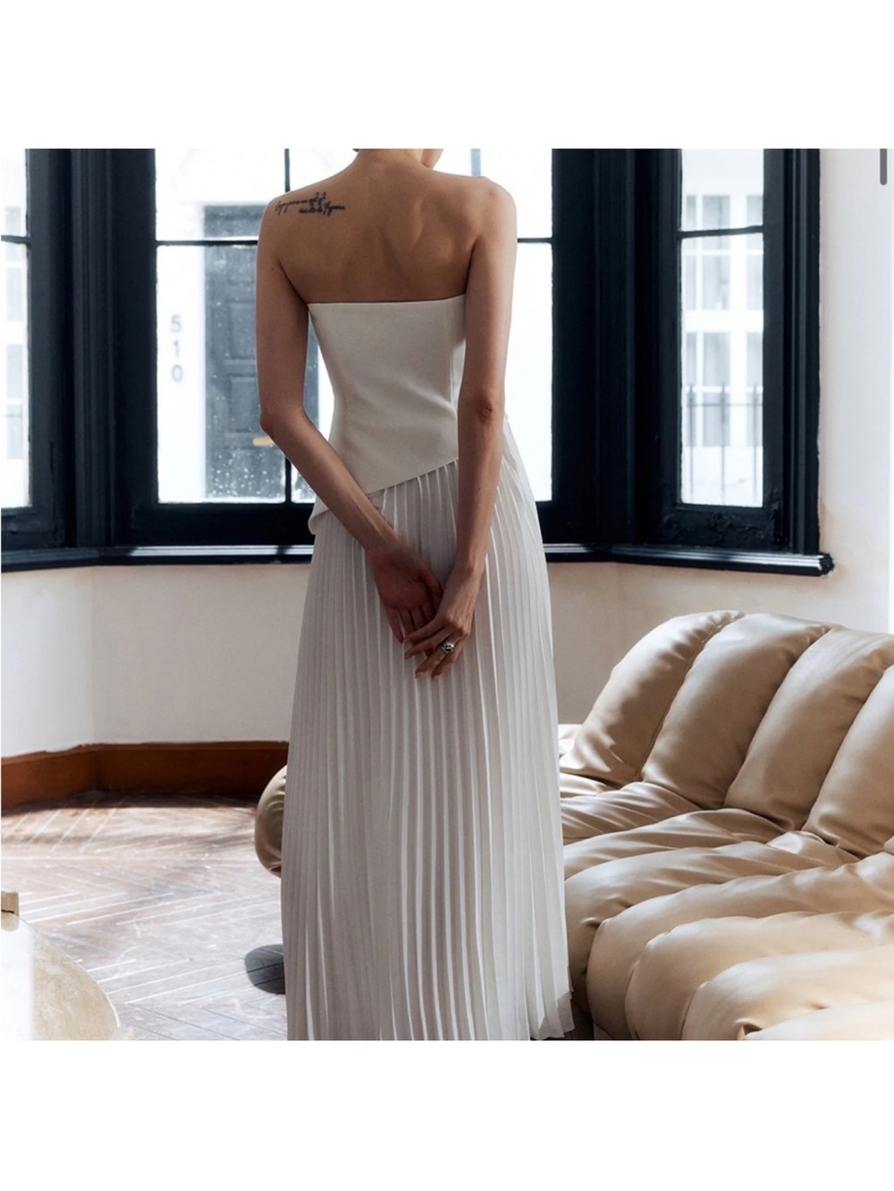 Commense White Asymmetrical Strapless Pleated Dress - Picture 2 of 5